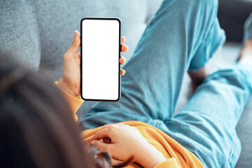 close up of woman hand holding smart phone with blank copy space white screen background for create 