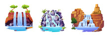Waterfall Landscapes Set Isolated Cartoon Icons. Vector Streaming Water From Rocky Mountains, Jungle Hills, View Of Paradise. Fantasy Scenery, Tropical Nature, River Pools With Purity Flows Cascade