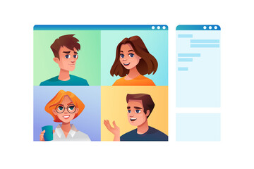 Poster - Video online conference men and women isolated online chat in internet, page for messages. Vector screens with social net users, speaking freelancers or entepreneurs. People communication distant job