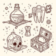 Mystical monochrome black and white symbols of magic practices with human skull, wooden chest, tooth, key and glass poison potion bottle