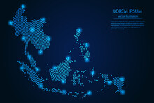 Abstract Image Southeast Asia Map From Point Blue And Glowing Stars On A Dark Background. Vector Illustration Vector Eps 10.