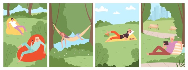 Wall Mural - People in park. City recreation area, man woman relaxed on nature vector background