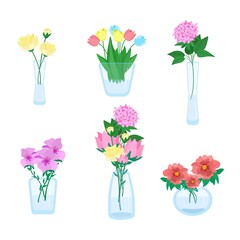  Set of different bouquets of flowers in vases of different shapes, beautiful flowers, glass minimalist vases, vector illustration in flat style.