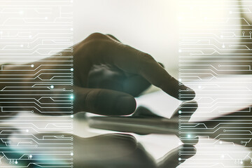 Poster - Creative abstract micro circuit sketch and hand working with a digital tablet on background, future technology and AI concept. Double exposure