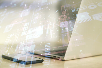 multi exposure of abstract software development hologram on laptop background, research and analytic