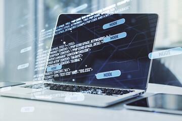Poster - Multi exposure of abstract creative coding sketch on modern laptop background, artificial intelligence and neural networks concept