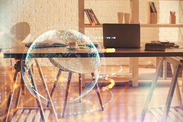 Poster - Multi exposure of world map drawing and office interior background. Concept of international network.