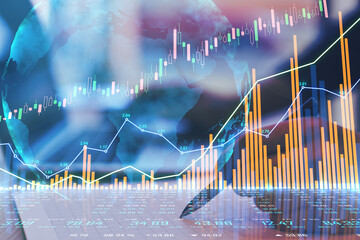 Poster - World trade market concept with digital screen with stock market quotes, financial graphs and human hand with pen
