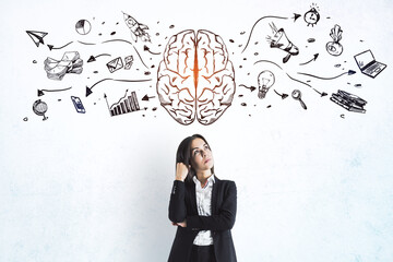 Left and right human brain concept with businesswoman on light wall background with painted sketch of business icons