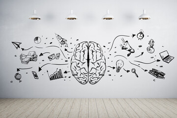 Wall Mural - Creating business idea concept with sketch of human brain, light bulb, money, graphs and search symbol on light wall with lamps from top