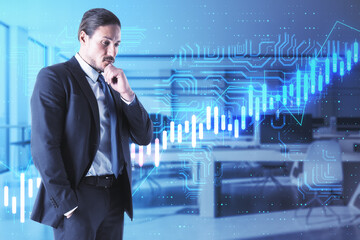 Poster - Algorithmic financial and trading concept with pensive businessman and digital screen with financial candlestick and circuit