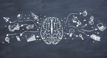Wall Mural - Brainstorming concept with black painted illustration of brain and business process symbols on chalkboard