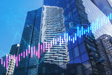 Financial and algorithmic trading concept with digital growing financial chart candlestick and microcircuit at city skyscraper background