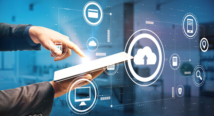 Leinwandbilder - Smart technology and data storage concept with man hand touching digital tablet screen connected virtually with cloud service icons