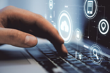 Aufkleber - Cloud transfer technology concept with digital screen with internet icons and man hand typing laptop keyboard