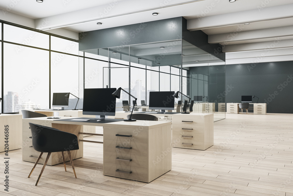 Monochrome style interior design of open space office with conference room behind glass walls, wooden floor and big window with city view - obrazy, fototapety, plakaty 