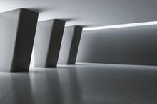 Dark Wall With Copyspace In Stylish Empty Gallery Hall With Huge Columns And Gloosy Tiles Floor. Mockup