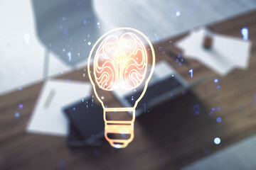 Aufkleber - Creative light bulb illustration with human brain and modern desktop with pc on background, future technology concept. Multiexposure