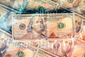 Multi exposure of forex chart drawing over us dollars bill background. Concept of financial success markets.