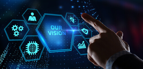 Business, Technology, Internet and network concept. Young businessman working on a virtual screen of the future and sees the inscription: Our vision