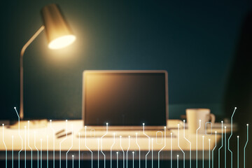 Poster - Creative abstract micro circuit sketch on modern laptop background, future technology and AI concept. Double exposure