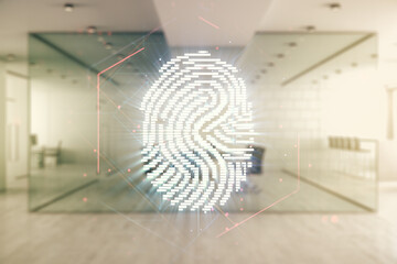 Poster - Multi exposure of virtual abstract fingerprint illustration on a modern furnished office background, digital access concept