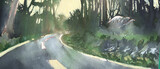 watercolor landscape, mountain road. switchbacks and curves. asphalt. forest. background for traditional animation