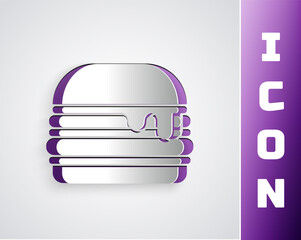 Poster - Paper cut Burger icon isolated on grey background. Hamburger icon. Cheeseburger sandwich sign. Fast food menu. Paper art style. Vector