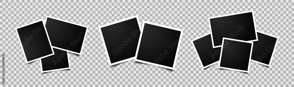 Set of empty photo frames compositions. Realistic vector mockups. Retro photo frames with shadow isolated on transparent background. - obrazy, fototapety, plakaty 