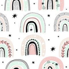 Wall Mural - Modern hand drawn Prints with rainbow in Boho style. Seamless pattern with cute scandinavian rainbow