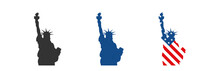 The Statue Of Liberty. Set Icon. USA Flag. Vector In Flat