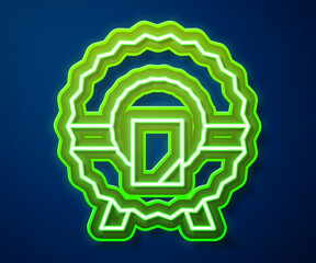 Sticker - Glowing neon line Memorial wreath icon isolated on blue background. Funeral ceremony. Vector