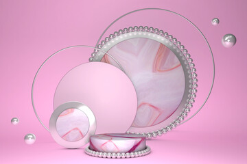 Poster - 3D pink cylinder podium with marble effect and silver hining pearl decoration arc on pastel background. Minimal scene with geometrical forms. Spring summer female concept