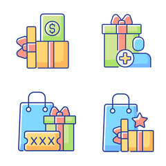 Poster - Purchase discounts and cashback RGB color icons set. Discount coupons and promotional codes. Customers spending money and bonuses. Isolated vector illustrations