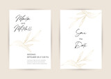 Fototapeta Boho - Wedding Invitation with Gold Flowers and gold geometric line design. Cover design with an ornament of golden leaves. vector eps10