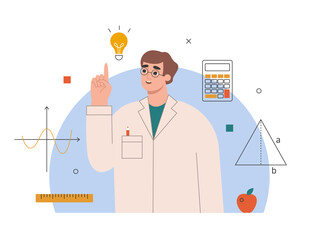 Wall Mural - mathematics science, geometry concept. man scientist having an idea, theory. male teacher explaining
