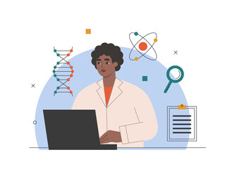 Wall Mural - biotechnology, genetics, physics science concept. african american woman scientist working on a comp