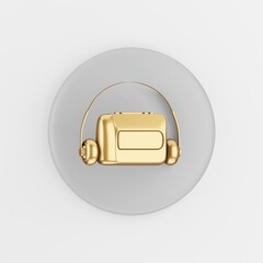 Poster - Golden vintage audio cassette player icon. 3d rendering gray round key button, interface ui ux element.
