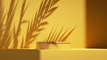 3d render, abstract yellow background. Empty stage with cylinder podium, leaf shadows and bright sunlight going through the window. Minimal showcase scene for product presentation