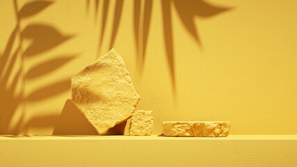3d render, abstract summer yellow background with tropical leaves shadow and bright sunlight. Minimal showcase scene with cobble stones pile, empty platform for natural product presentation