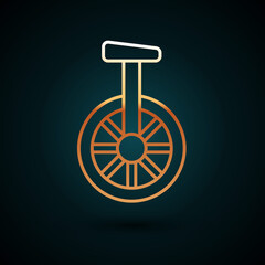 Sticker - Gold line Unicycle or one wheel bicycle icon isolated on dark blue background. Monowheel bicycle. Vector