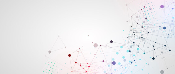 Template for science and technology presentation. Circles are connected by lines. Plexus style background.