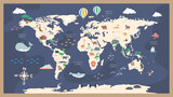 Fototapeta Fototapety na ścianę do pokoju dziecięcego - The world map with cartoon animals for kids, nature, discovery and continent name, ocean name, vector Illustration.