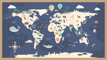 The World Map With Cartoon Animals For Kids, Nature, Discovery And Continent Name, Ocean Name, Vector Illustration.