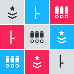 Poster - Set Military rank, Police rubber baton and Bullet icon. Vector