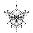 Vector illustration with hand drawn butterfly with moon. Abstract mystic sign. Black linear shape. For you design, tattoo or magic craft.
