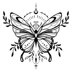 Vector illustration with hand drawn butterfly with moon. Abstract mystic sign. Black linear shape. For you design, tattoo or magic craft.