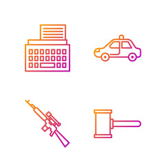 Wall Mural - Set line Judge gavel, Sniper rifle with scope, Retro typewriter and Police car and flasher. Gradient color icons. Vector