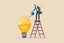 Idea Development, Creativity Genius Or Knowledge To Think About New Business Idea, Skill Improvement Or Career Growth Concept, Smart Businessman On Ladder Watering To Fill In Liquid In Idea Light Bulb