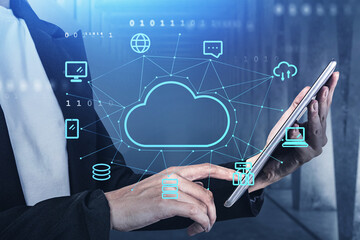 Poster - Businesswoman in formal wear holding tablet in hands, double exposure of cloud service, internet connection icons. Concept of data storage and information protection